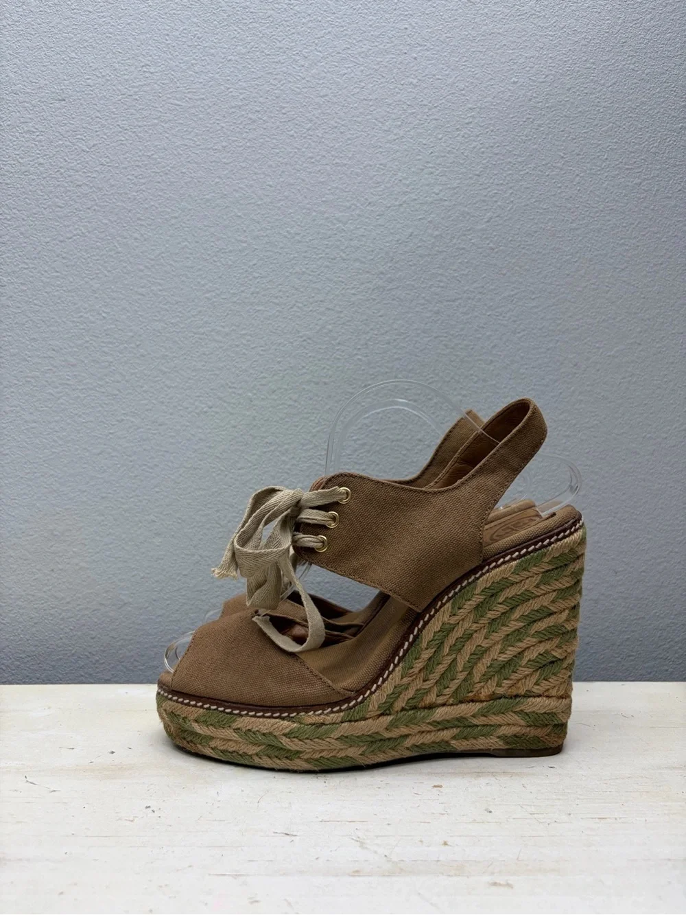 Tory Burch Brown Canvas Linley Wedge Espadrilles Size 9